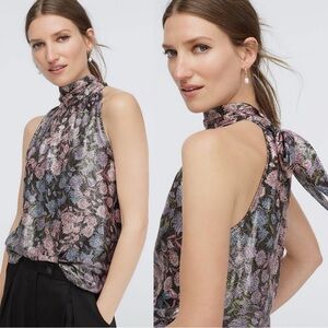 J Crew Collection Tie Neck Top in Shimmering Metallic Floral Jacquard Size Small